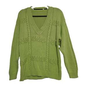 Vintage Neon Brat Green Cable Knit Sweater Womens L Vneck Preppy Y2K Fairy